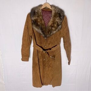 Vintage Tan Suede Leather Belted Jacket With Fur Trim S